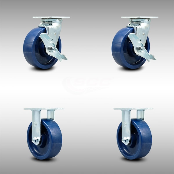 6 Inch SS Solid Poly Caster Set with Ball Bearings 2 Brakes 2 Rigid SCC